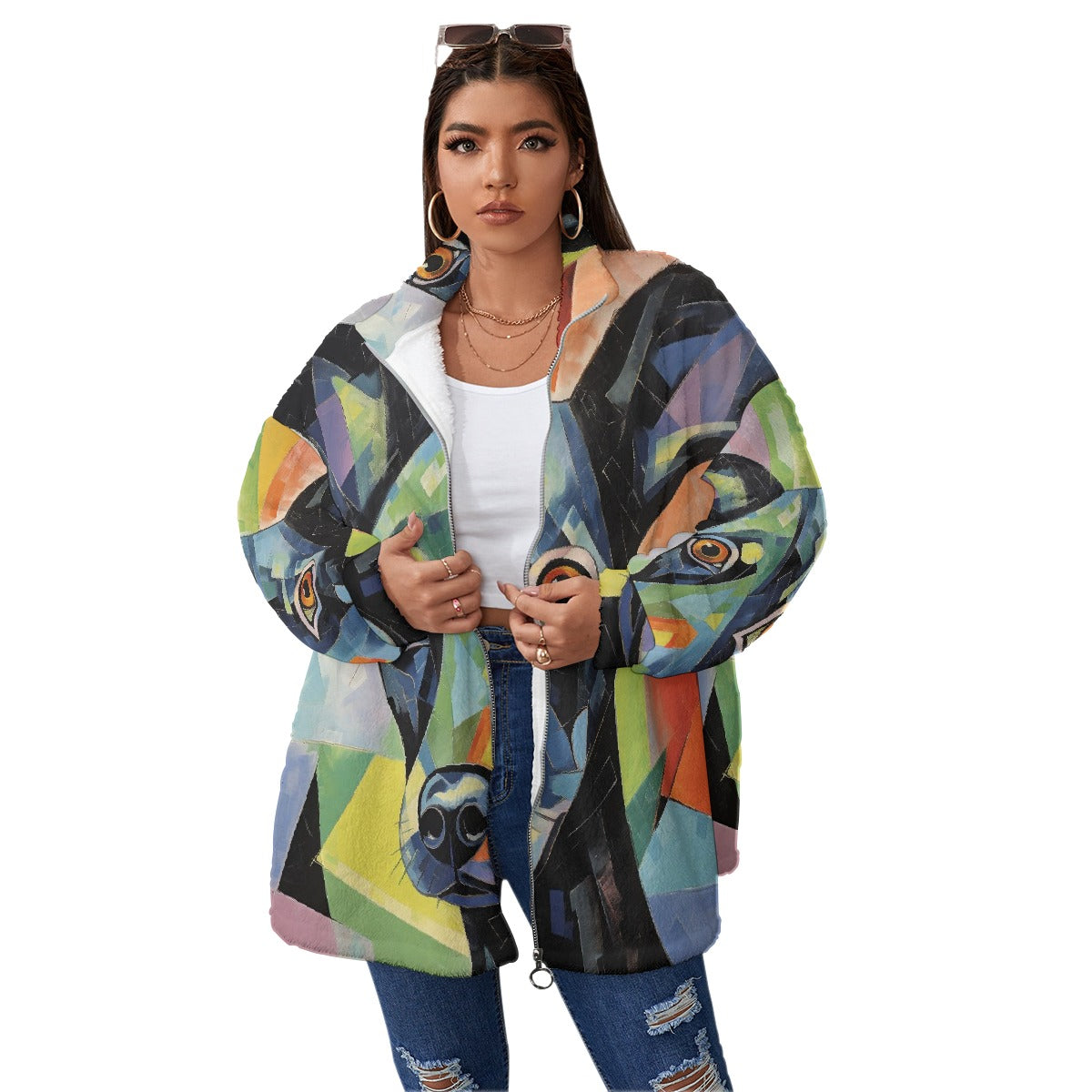 All-Over Print Unisex Borg Fleece Stand-up Collar Coat With Zipper Closure(Plus Size)