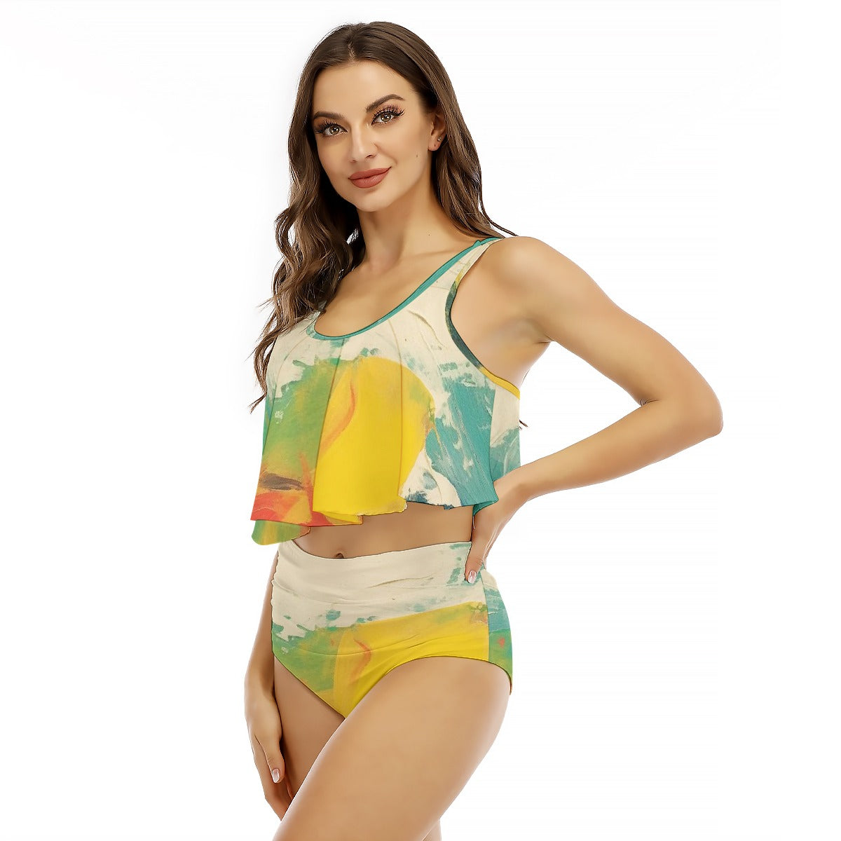 All-Over Print Women's Ruffled Vest Bikini Swimsuit