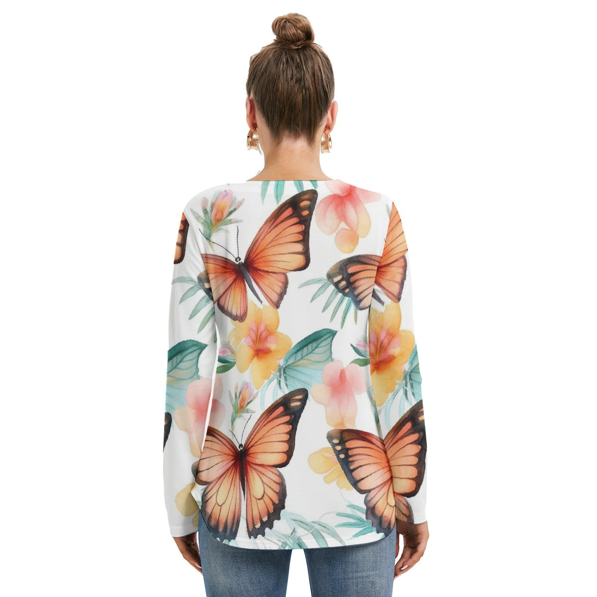 All-Over Print Women's Long Sleeve Neckline Tie Sweatshirt