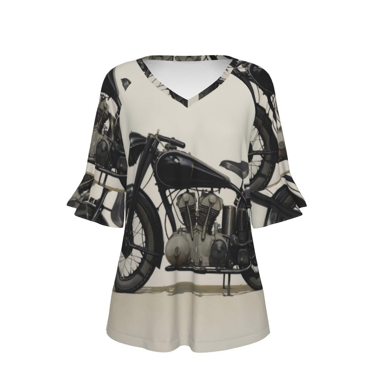 All-Over Print V-neck Women's T-shirt With Bell Sleeve