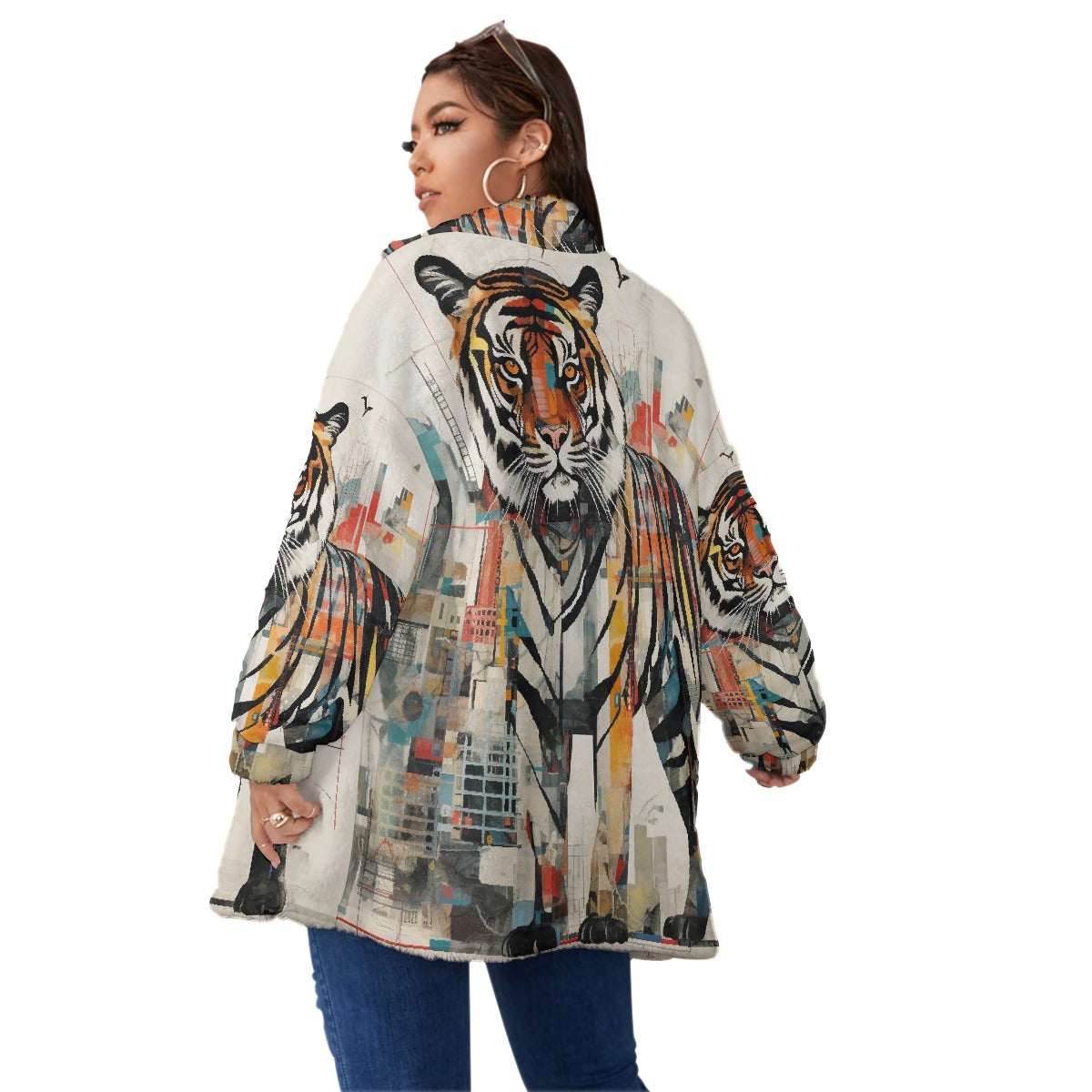 All-Over Print Unisex Borg Fleece Stand-up Collar Coat With Zipper Closure(Plus Size)