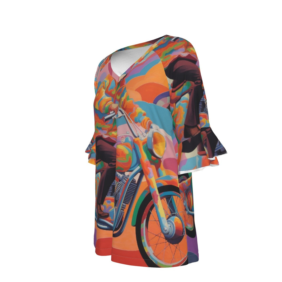 All-Over Print V-neck Women's T-shirt With Bell Sleeve