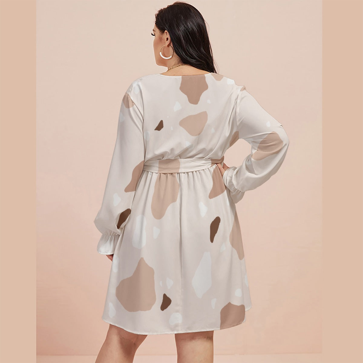 All-Over Print Women's V-neck Dress With Waistband(Plus Size)