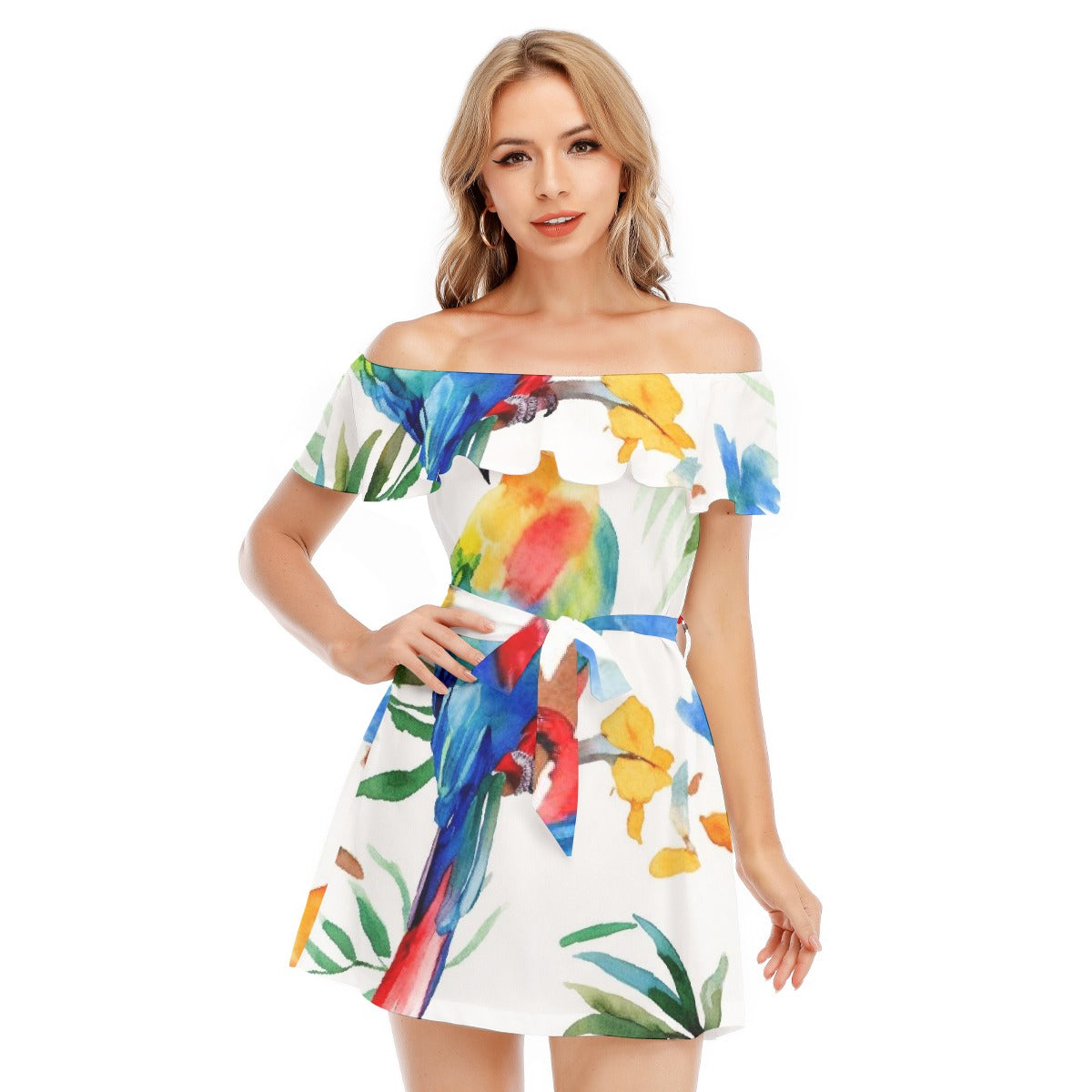 All-Over Print Women's Off-shoulder Dress With Ruffle