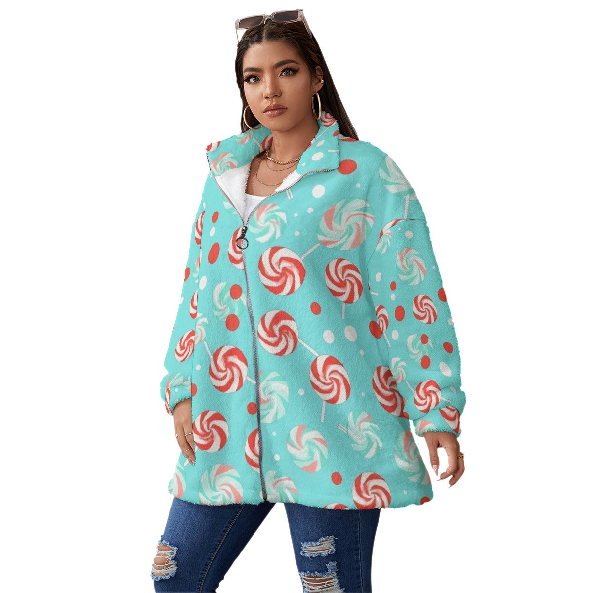 All-Over Print Unisex Borg Fleece Stand-up Collar Coat With Zipper Closure(Plus Size)