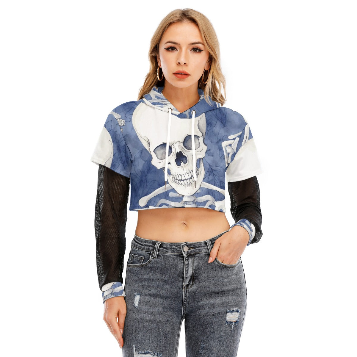 All-Over Print Women's Fake Two-piece Mesh Sleeve Cropped Hoodie