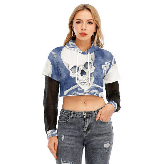 All-Over Print Women's Fake Two-piece Mesh Sleeve Cropped Hoodie
