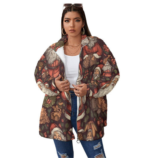All-Over Print Unisex Borg Fleece Stand-up Collar Coat With Zipper Closure(Plus Size)