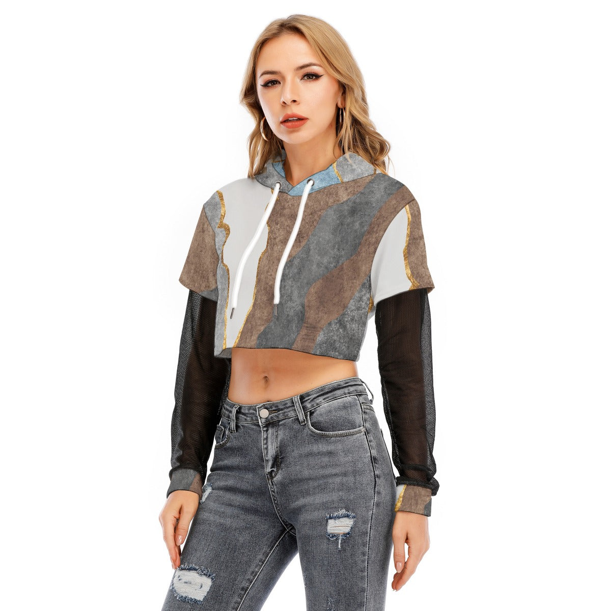 All-Over Print Women's Fake Two-piece Mesh Sleeve Cropped Hoodie