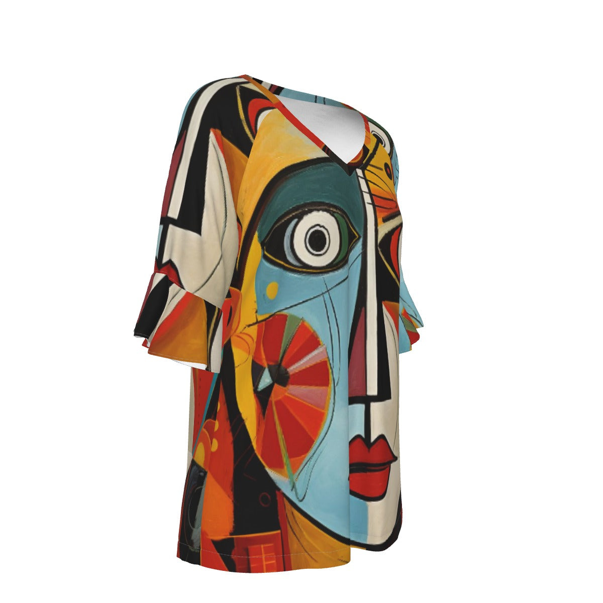 All-Over Print V-neck Women's T-shirt With Bell Sleeve