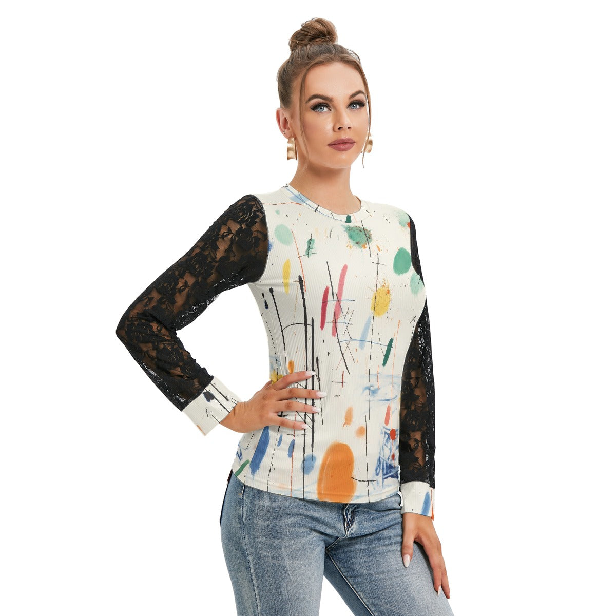 All-Over Print Women's T-shirt And Sleeve With Black Lace
