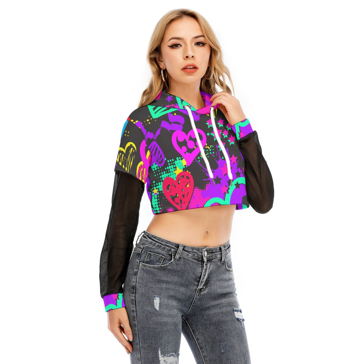 All-Over Print Women's Fake Two-piece Mesh Sleeve Cropped Hoodie