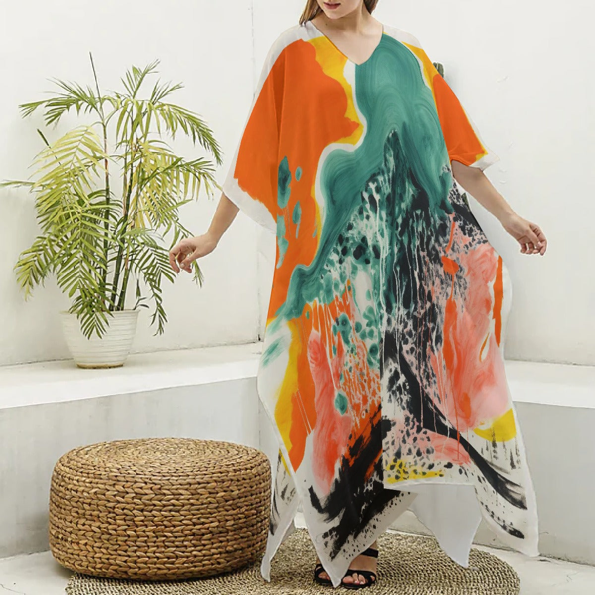 All-Over Print Women's Imitation Silk V-neck Kaftan Robe