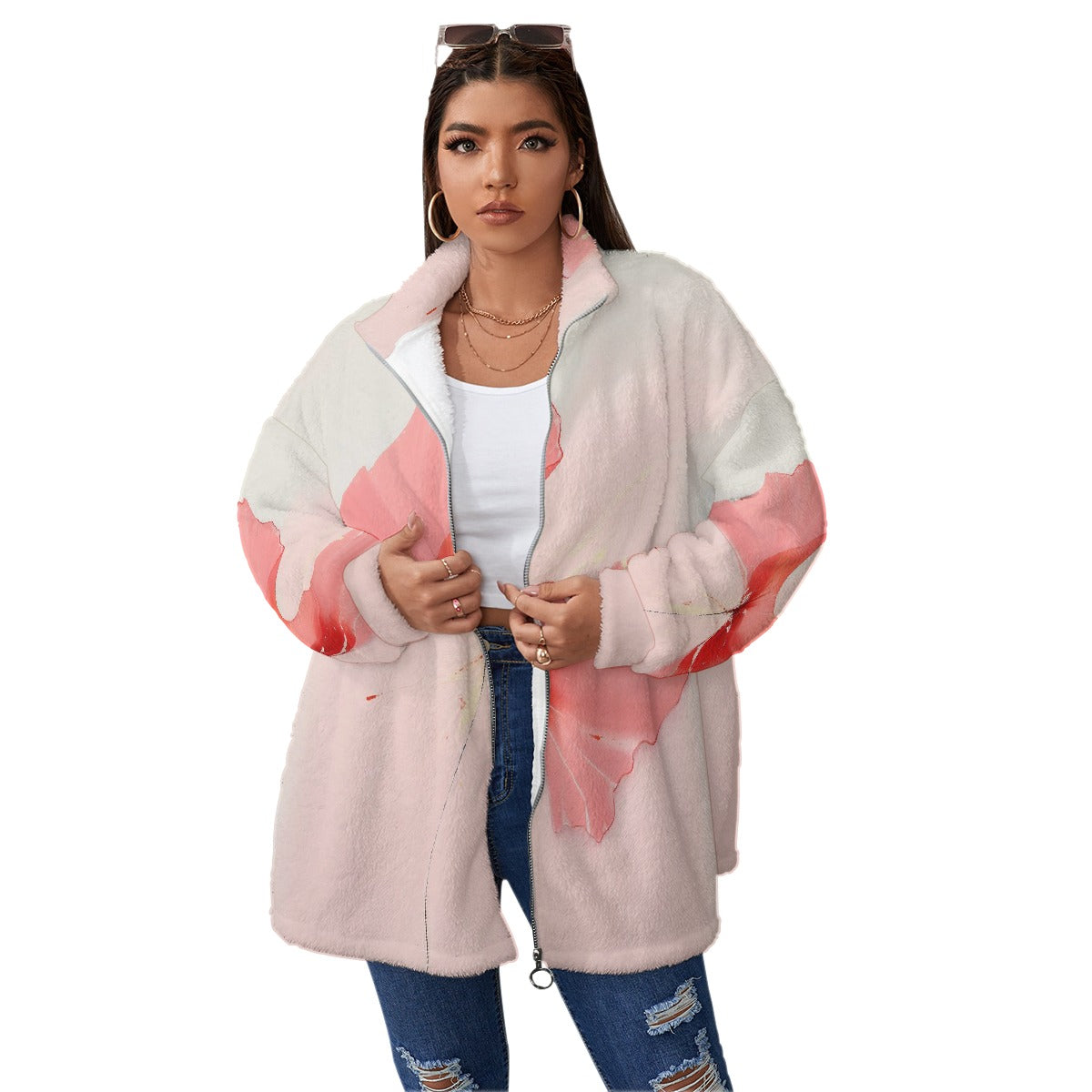 All-Over Print Unisex Borg Fleece Stand-up Collar Coat With Zipper Closure(Plus Size)