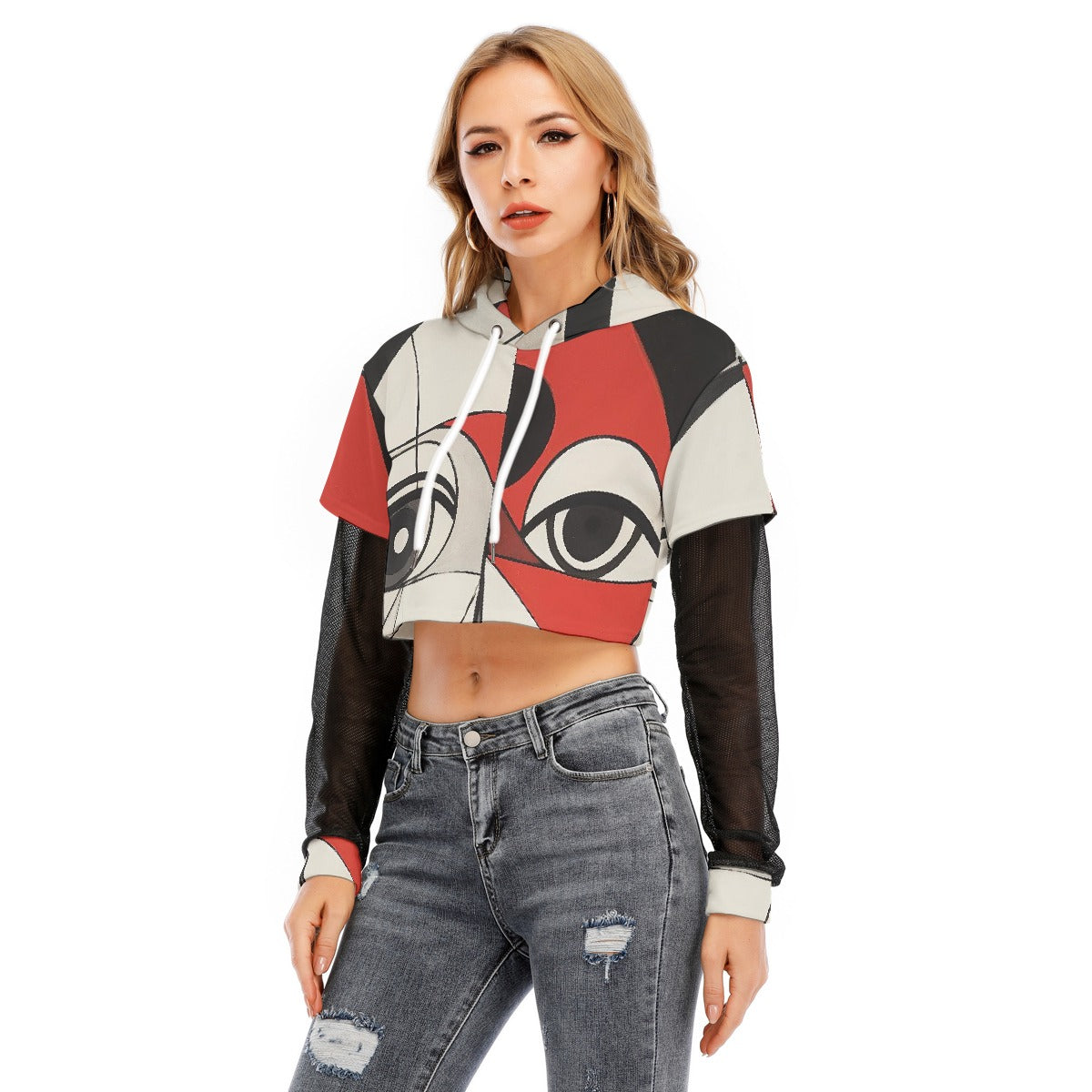 All-Over Print Women's Fake Two-piece Mesh Sleeve Cropped Hoodie