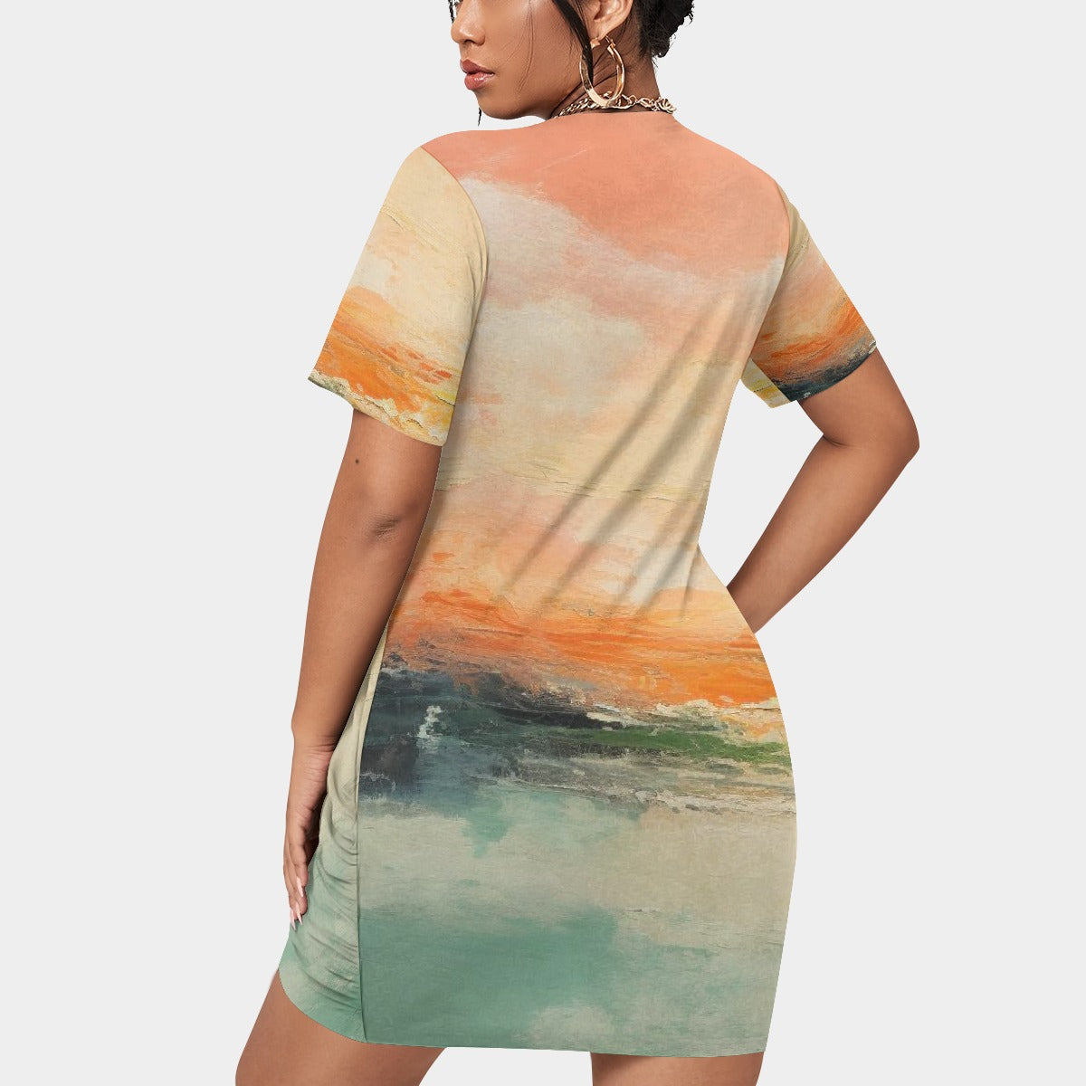 All-Over Print Women’s Stacked Hem Dress With Short Sleeve（Plus Size）