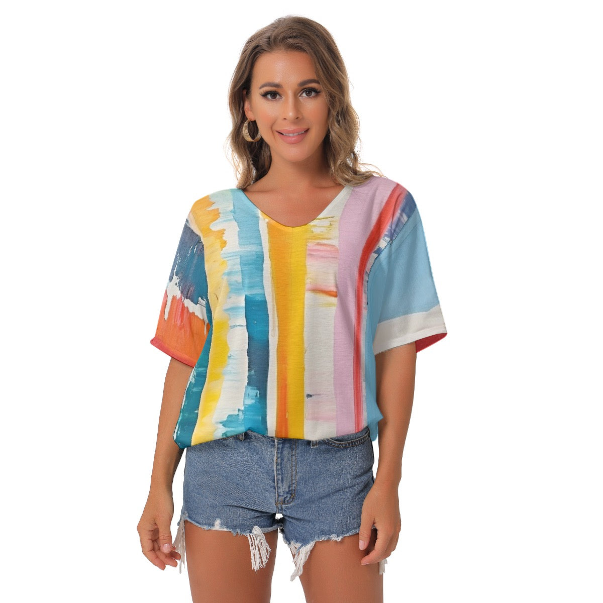 All-Over Print Women's Bat Sleeves V-Neck Blouse