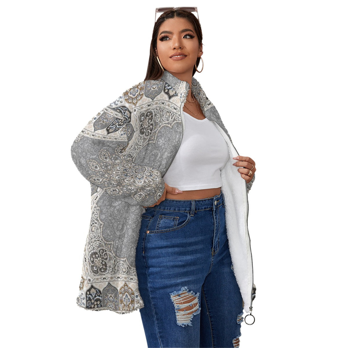 All-Over Print Unisex Borg Fleece Stand-up Collar Coat With Zipper Closure(Plus Size)