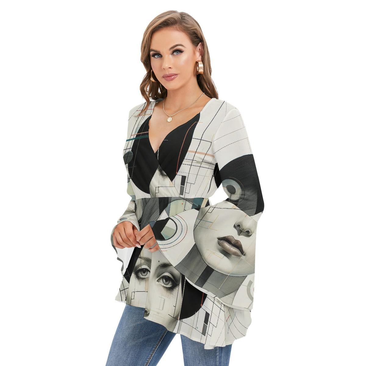 All-Over Print Women's V-neck Blouse With Flared Sleeves