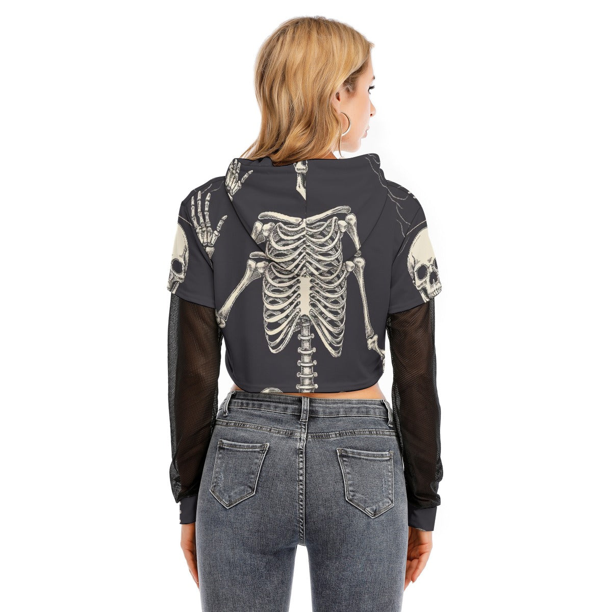 All-Over Print Women's Fake Two-piece Mesh Sleeve Cropped Hoodie