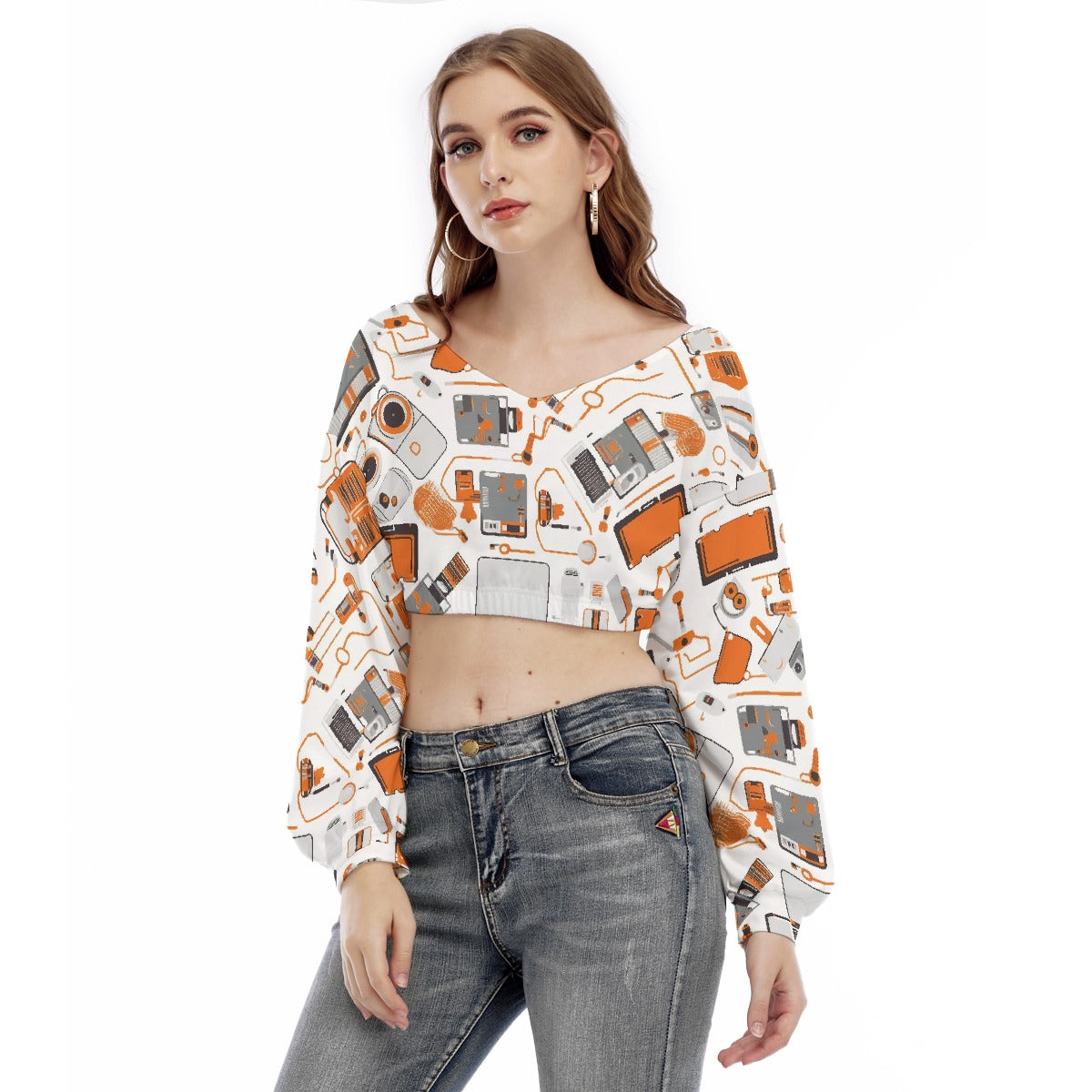 All-Over Print Women's V-neck Long Sleeve Cropped Sweatshirt