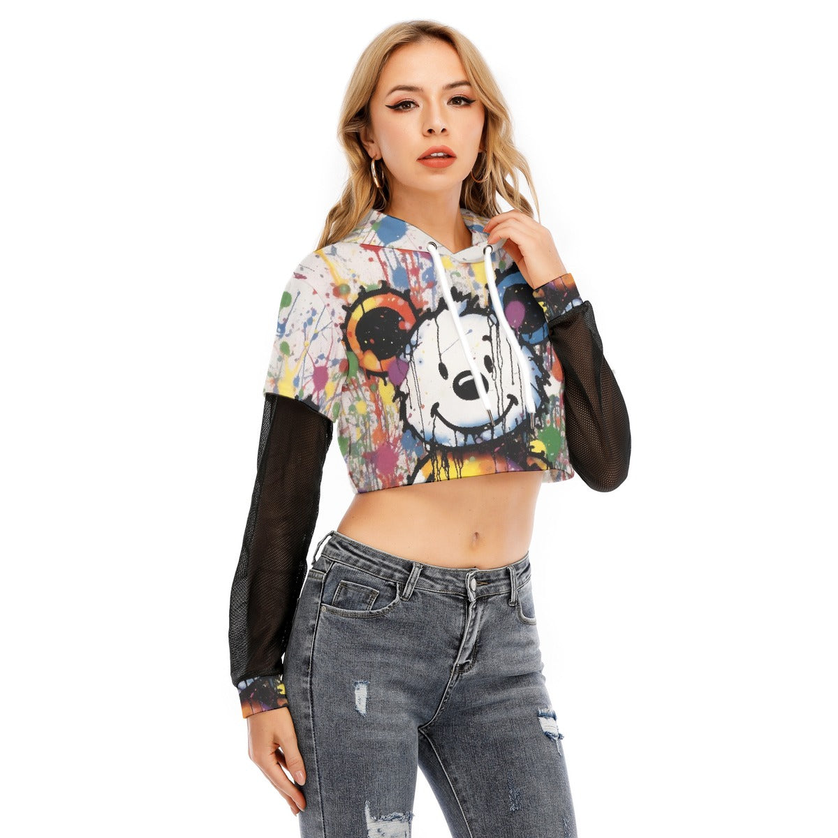 All-Over Print Women's Fake Two-piece Mesh Sleeve Cropped Hoodie