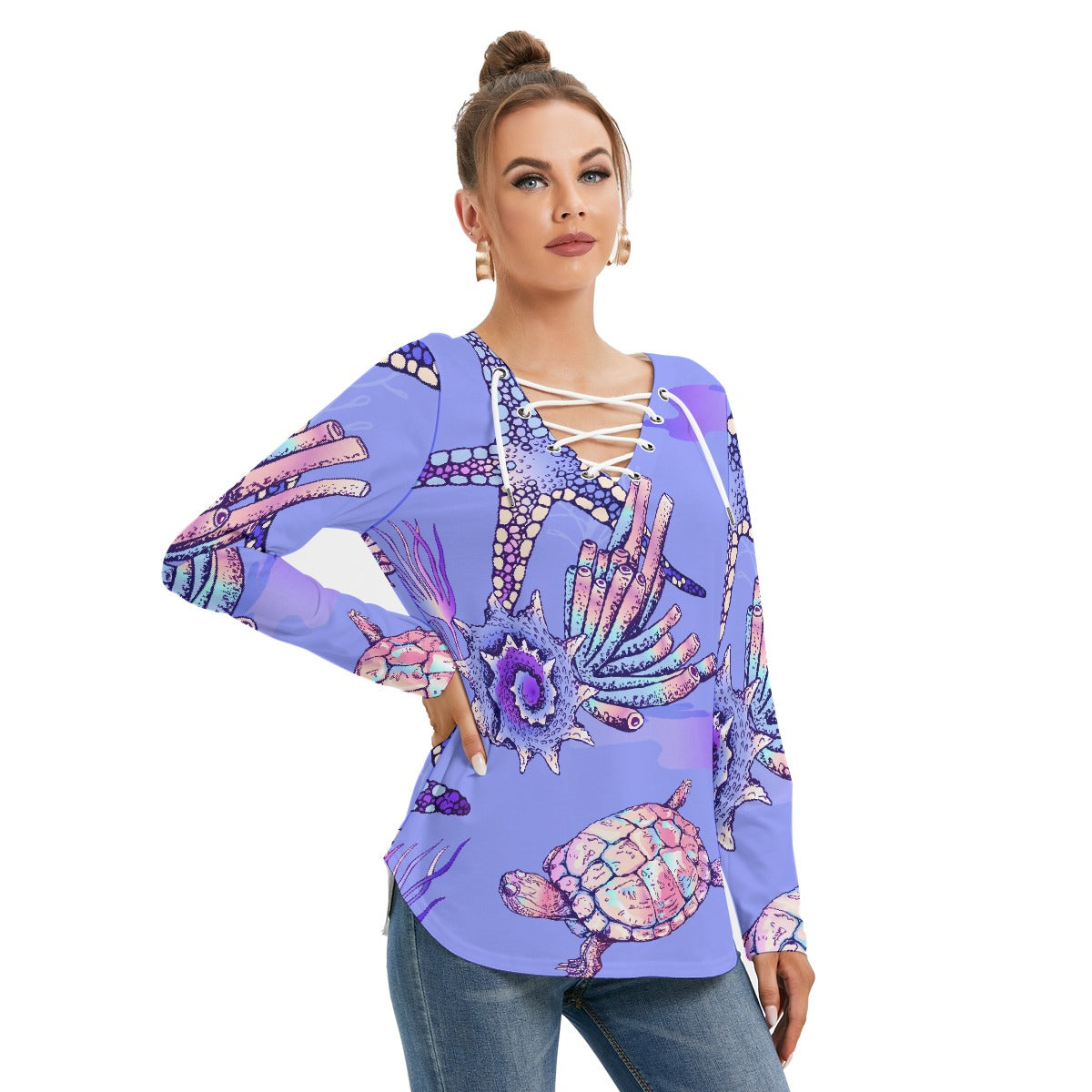 All-Over Print Women's Long Sleeve Neckline Tie Sweatshirt