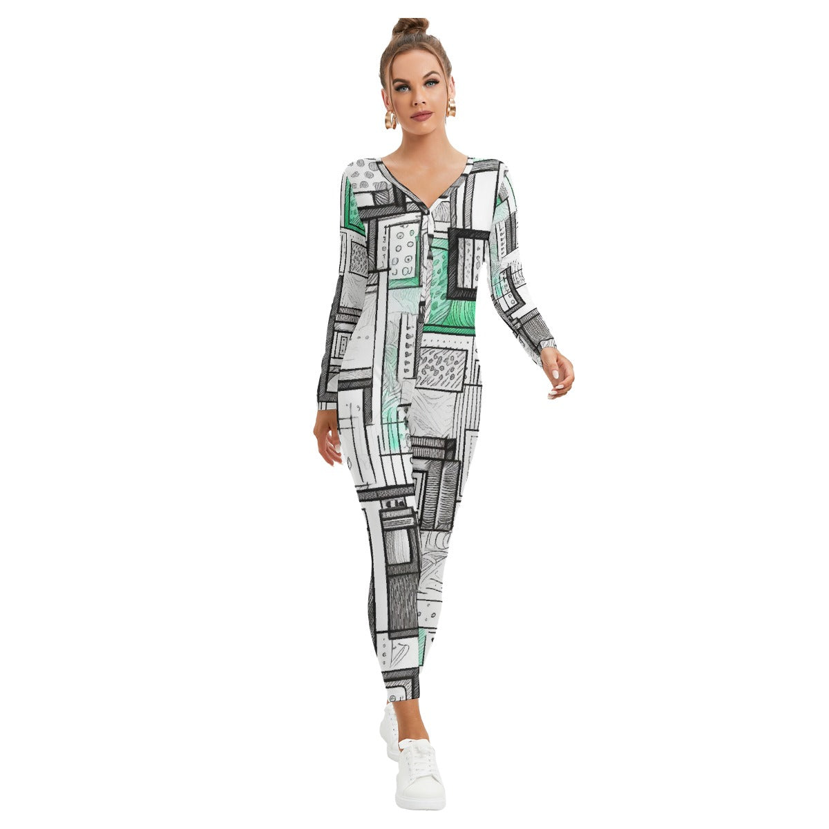All-Over Print Women's Plunging Neck Jumpsuit