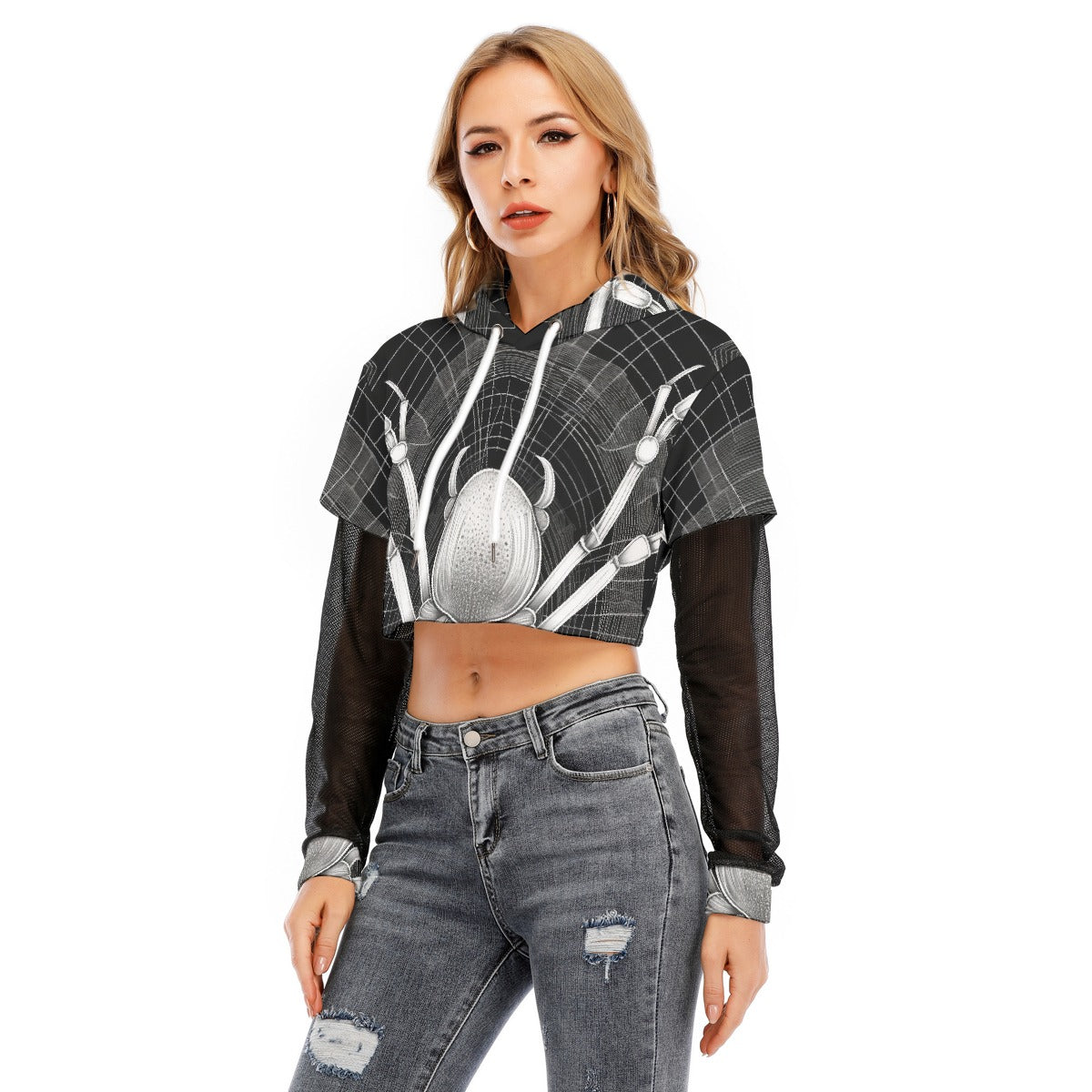All-Over Print Women's Fake Two-piece Mesh Sleeve Cropped Hoodie