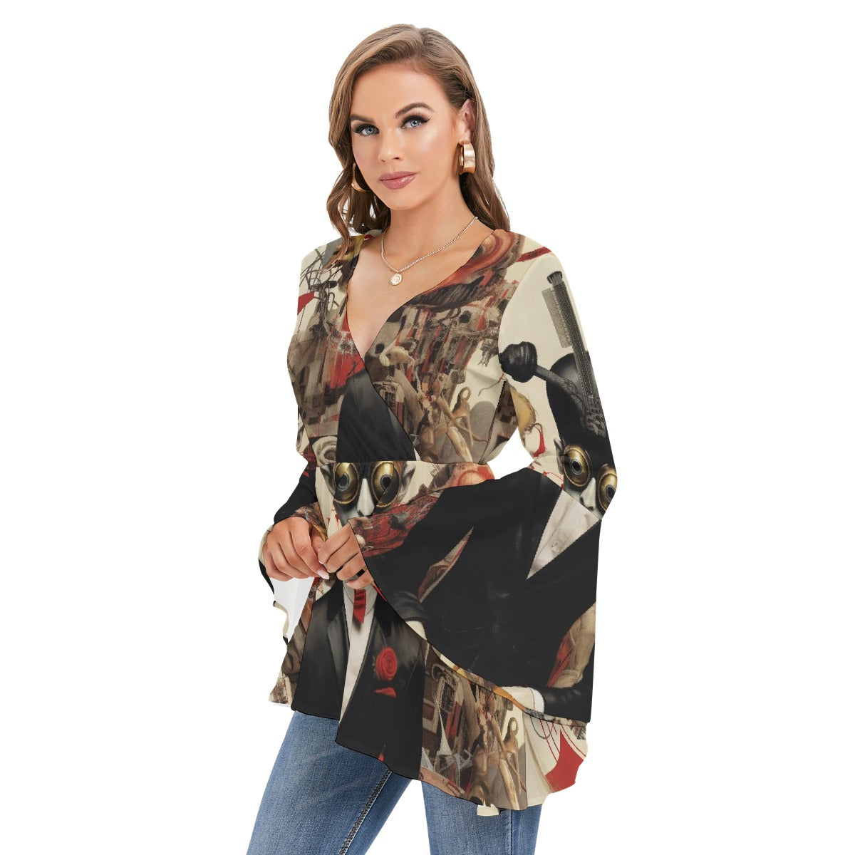 All-Over Print Women's V-neck Blouse With Flared Sleeves