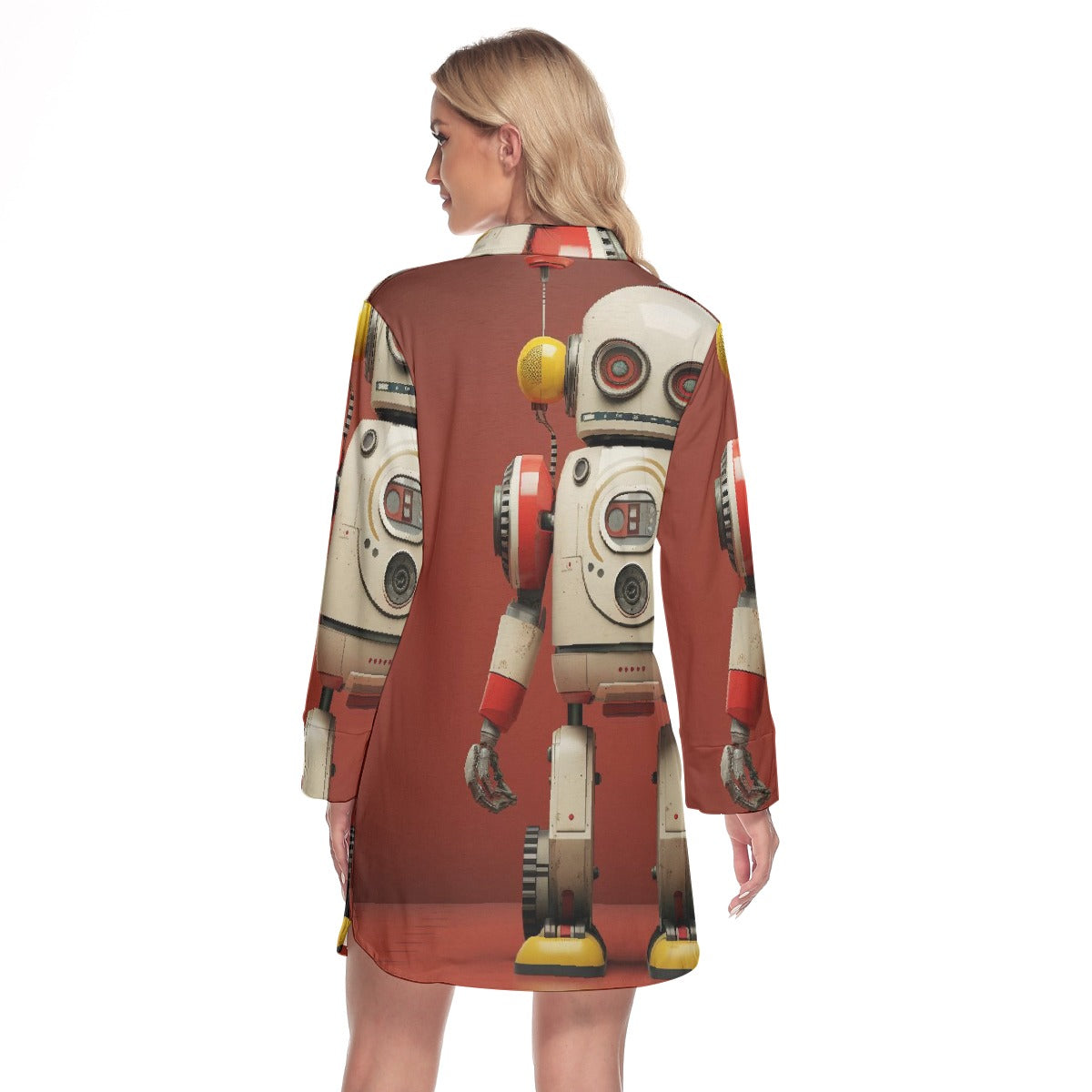 All-Over Print Women's Lapel Shirt Dress With Long Sleeve