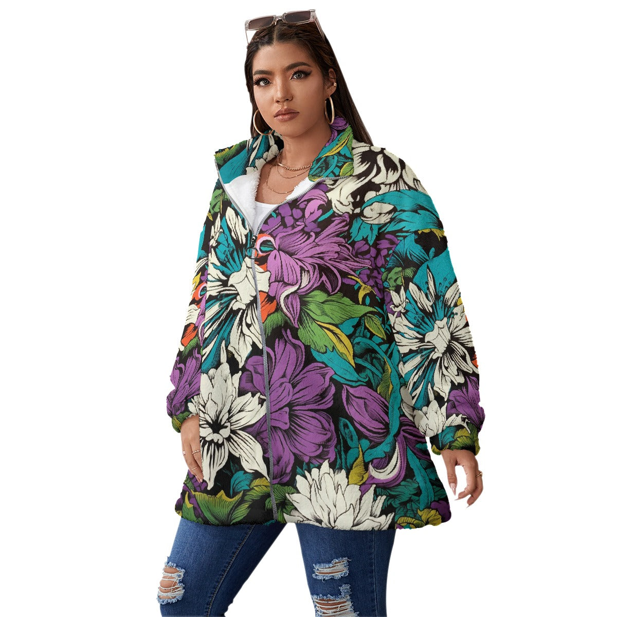 All-Over Print Unisex Borg Fleece Stand-up Collar Coat With Zipper Closure(Plus Size)