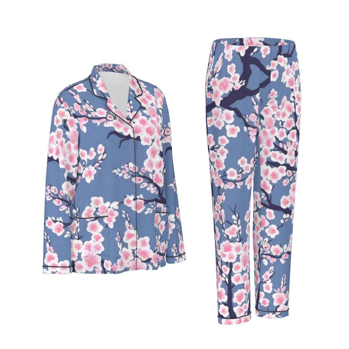 All-Over Print Women's Long Sleeve Pajama Set With Black Contrast Piping