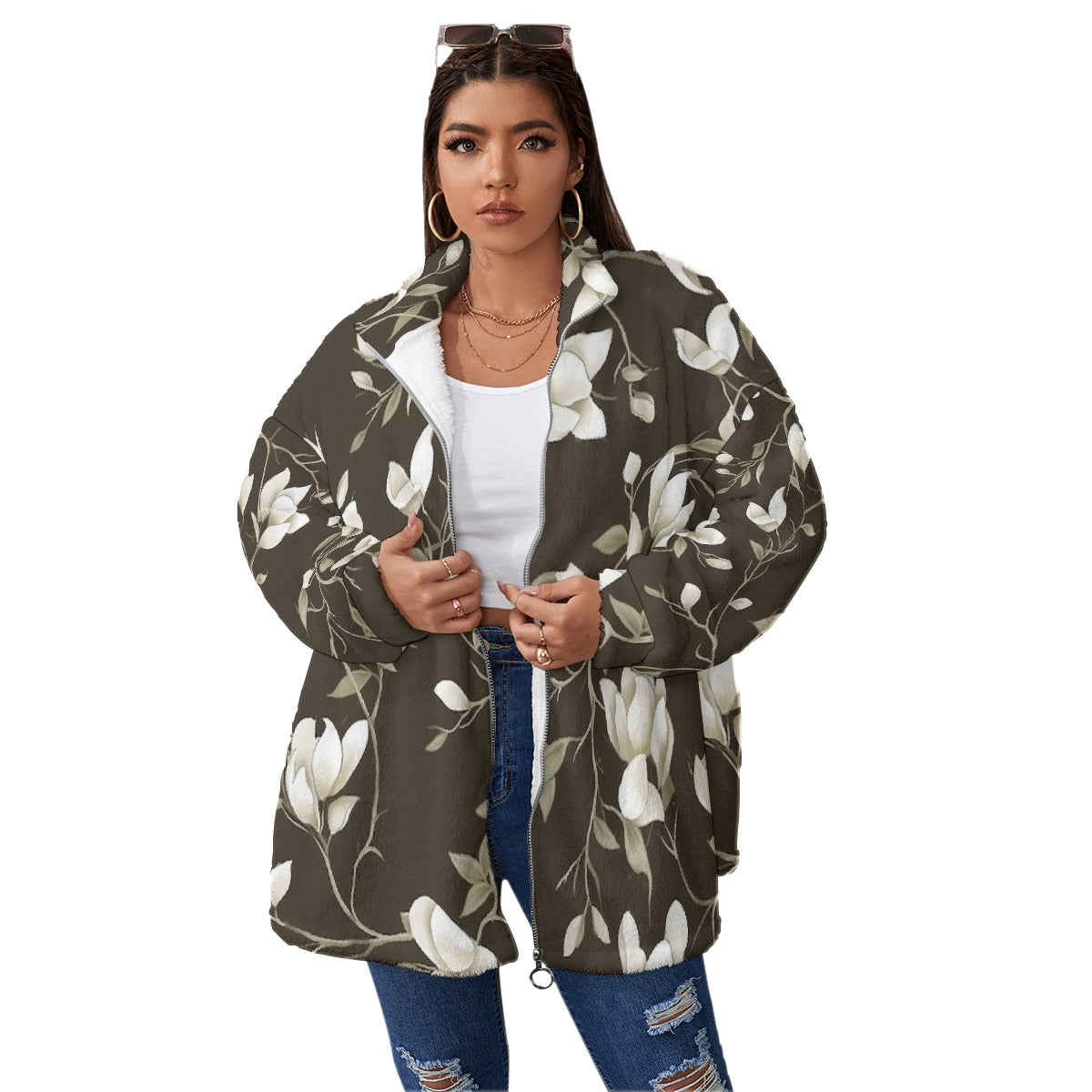 All-Over Print Unisex Borg Fleece Stand-up Collar Coat With Zipper Closure(Plus Size)
