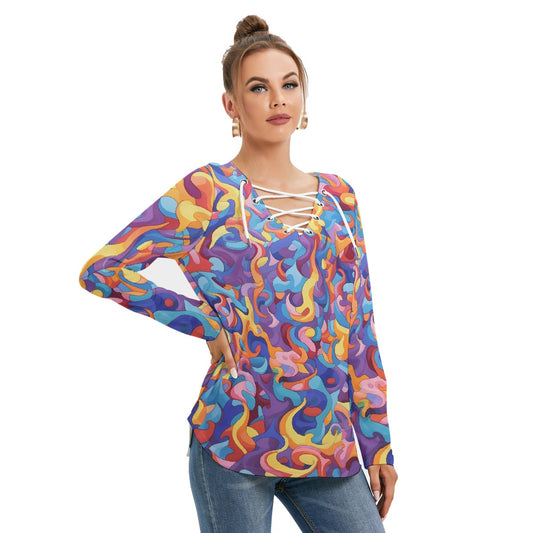 All-Over Print Women's Long Sleeve Neckline Tie Sweatshirt
