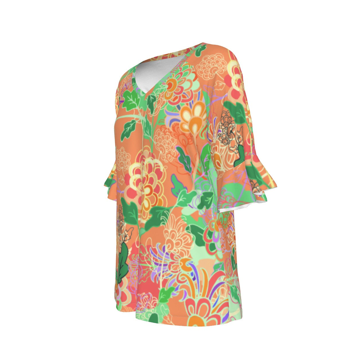 All-Over Print V-neck Women's T-shirt With Bell Sleeve