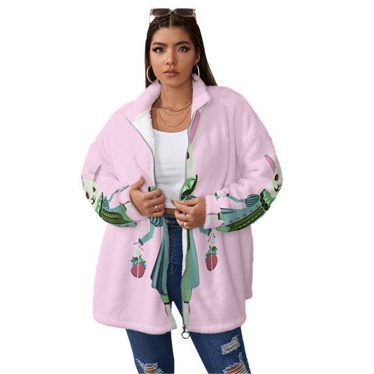 All-Over Print Unisex Borg Fleece Stand-up Collar Coat With Zipper Closure(Plus Size)