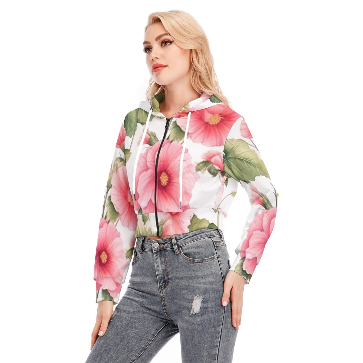 All-Over Print Women's Crop Top Hoodie With Zipper Closure