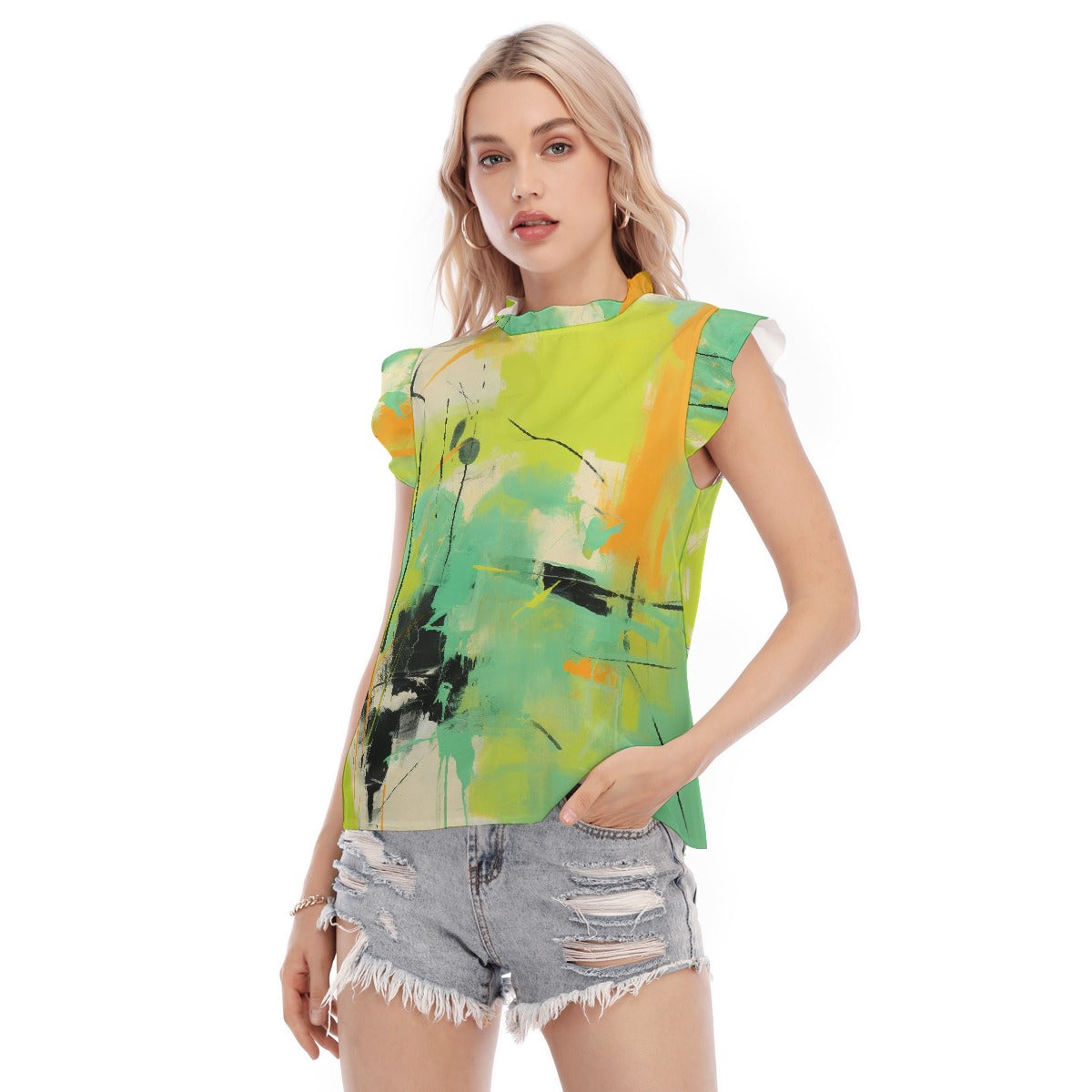 All-Over Print Women's Blouse With Ruffle Collar And Sleeve