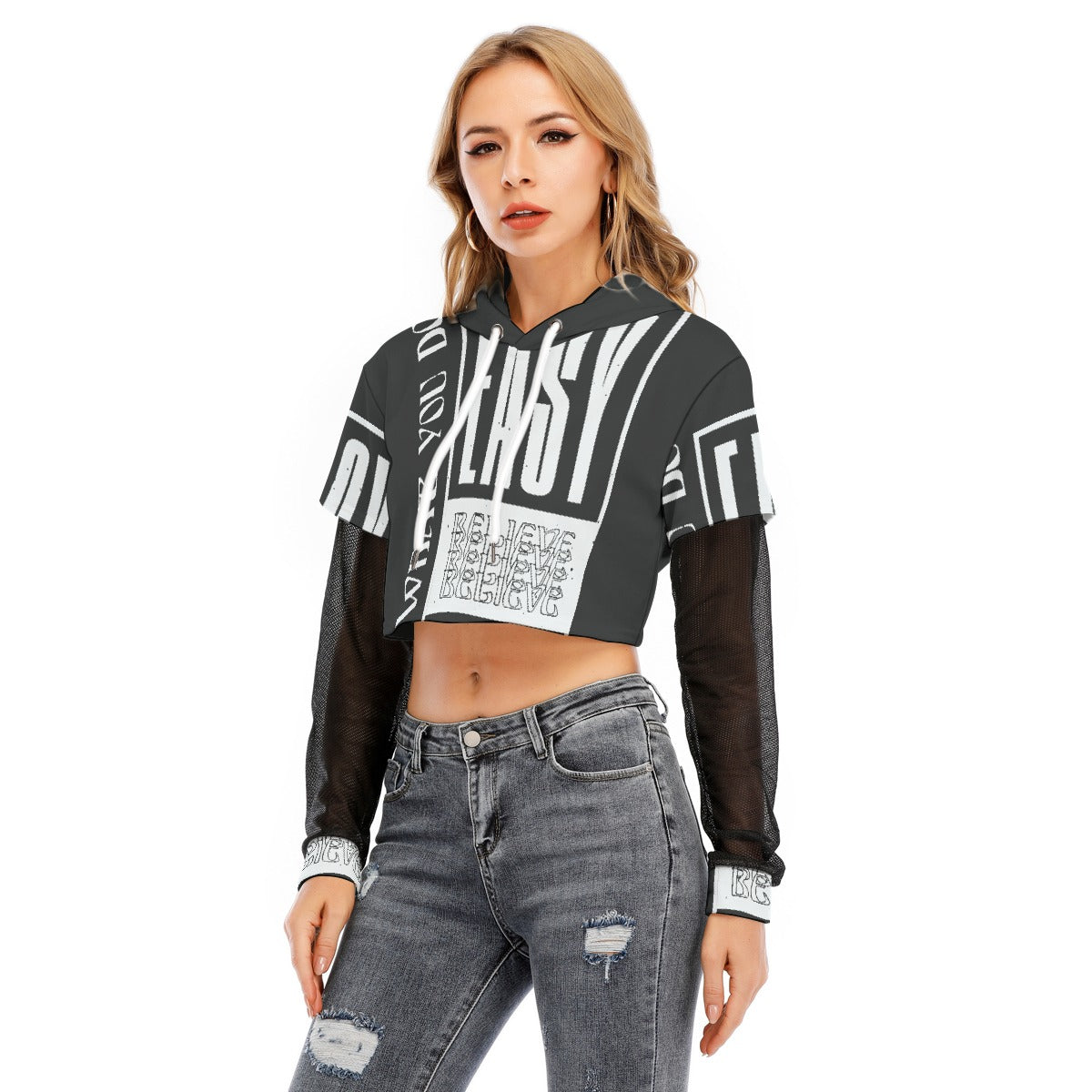 All-Over Print Women's Fake Two-piece Mesh Sleeve Cropped Hoodie