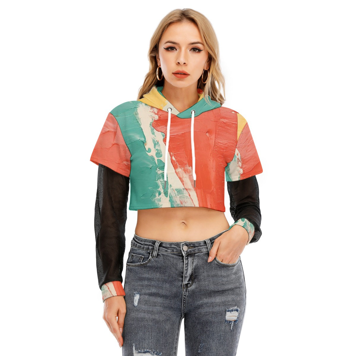 All-Over Print Women's Fake Two-piece Mesh Sleeve Cropped Hoodie