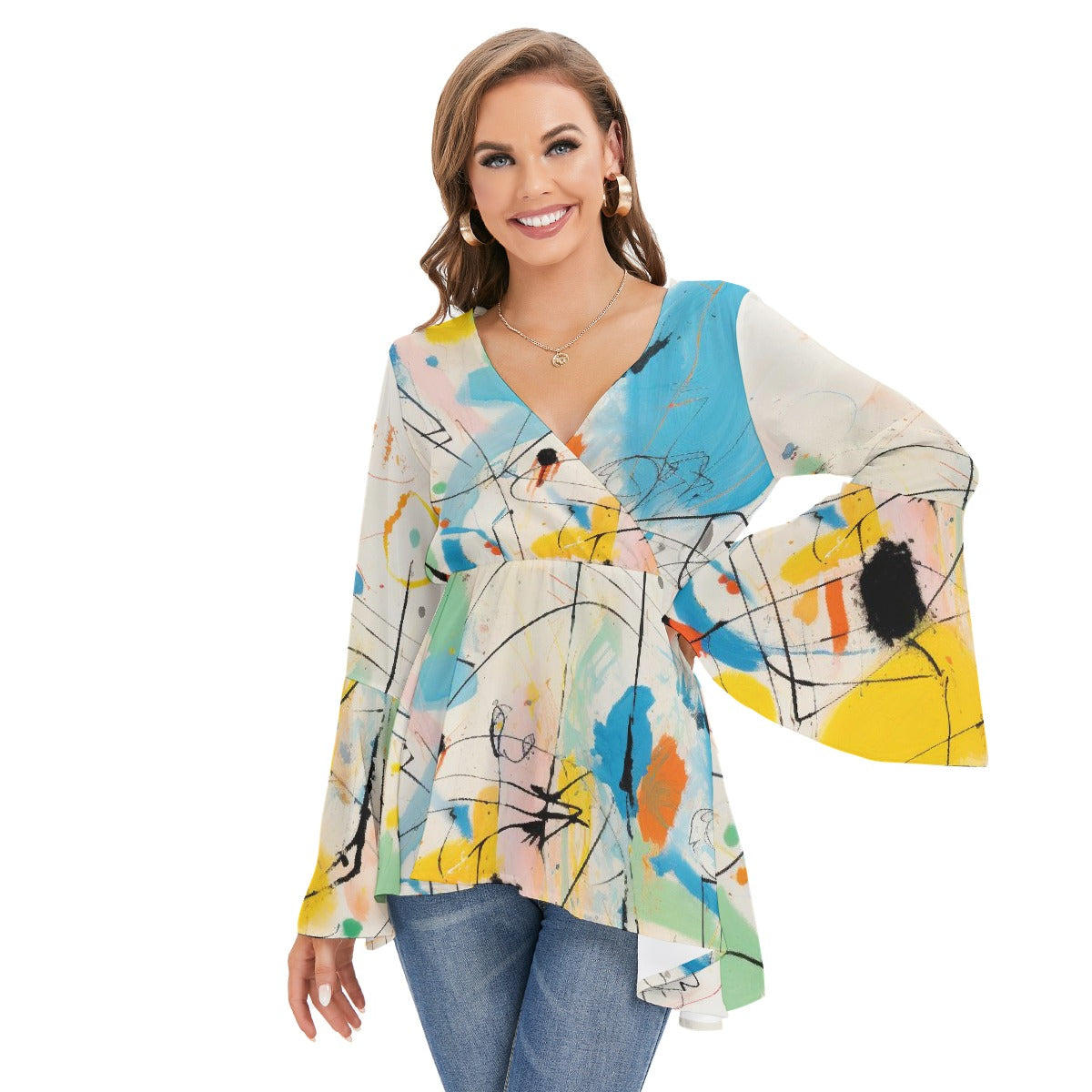 All-Over Print Women's V-neck Blouse With Flared Sleeves
