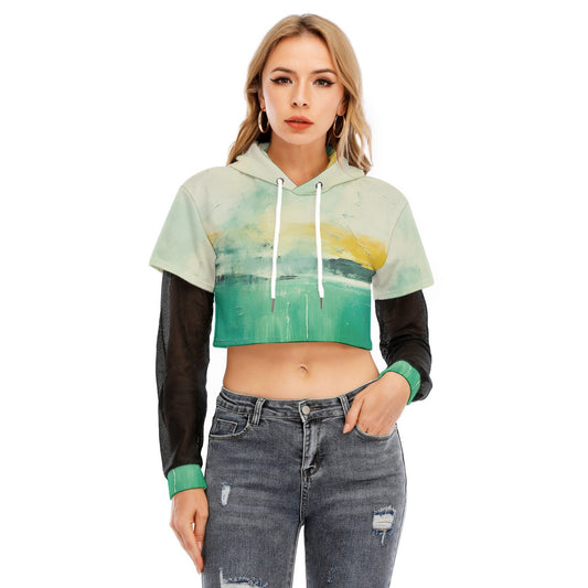 All-Over Print Women's Fake Two-piece Mesh Sleeve Cropped Hoodie
