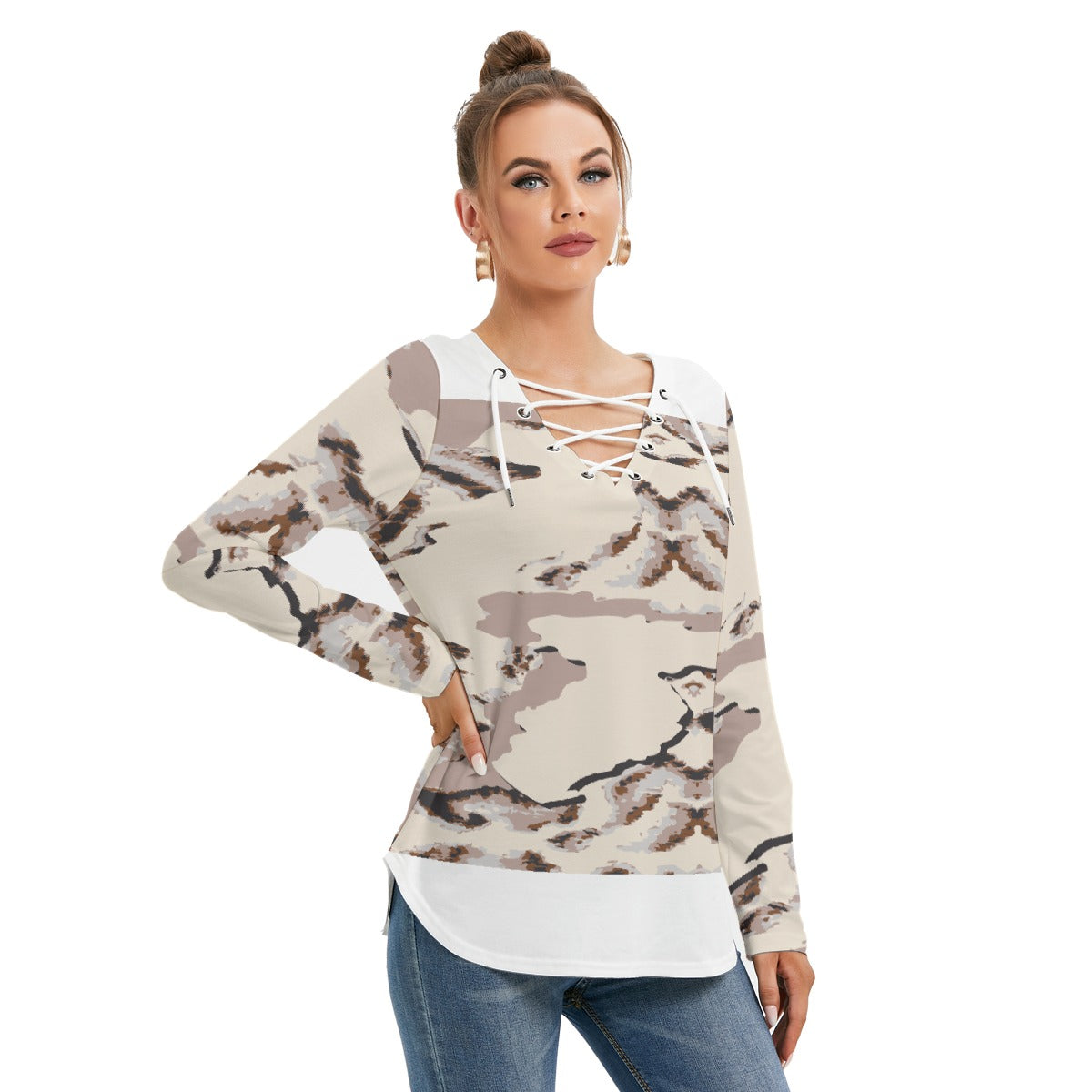 All-Over Print Women's Long Sleeve Neckline Tie Sweatshirt