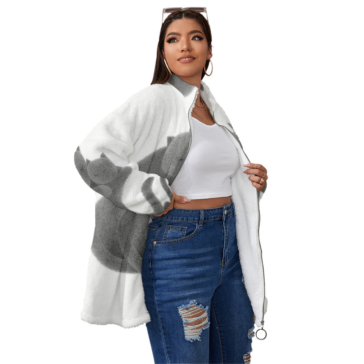 All-Over Print Unisex Borg Fleece Stand-up Collar Coat With Zipper Closure(Plus Size)