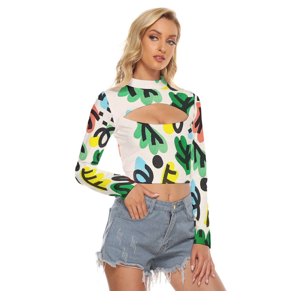 All-Over Print Women's Hollow Chest Keyhole Tight Crop Top