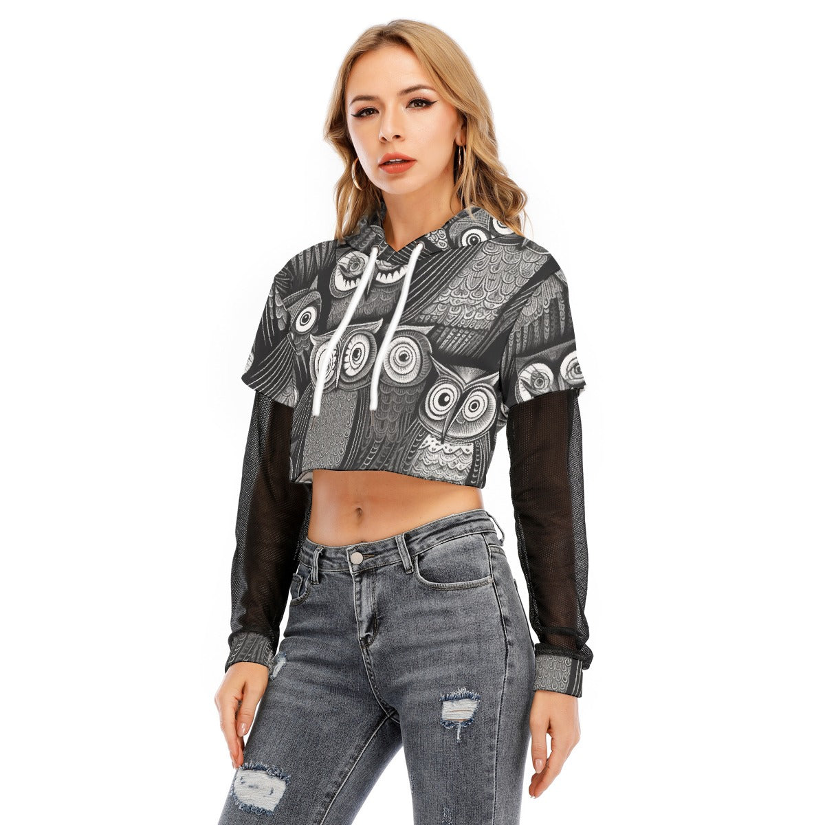 All-Over Print Women's Fake Two-piece Mesh Sleeve Cropped Hoodie