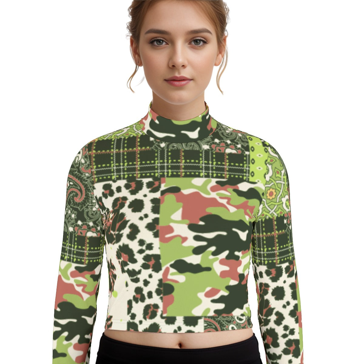 Eco-Friendly All-Over Print Women's Turtleneck T-shirt With Long Sleeve