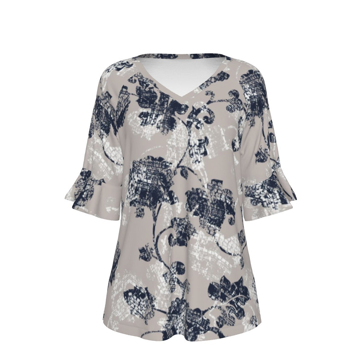 All-Over Print V-neck Women's T-shirt With Bell Sleeve