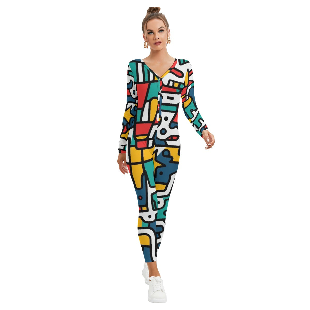 All-Over Print Women's Plunging Neck Jumpsuit